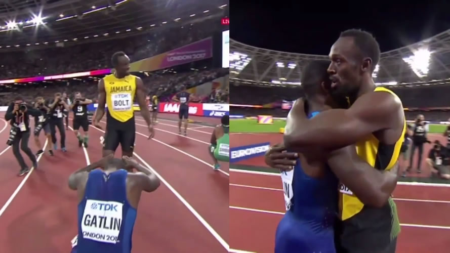 Justin Gatlin bows in respect to Usain Bolt after winning