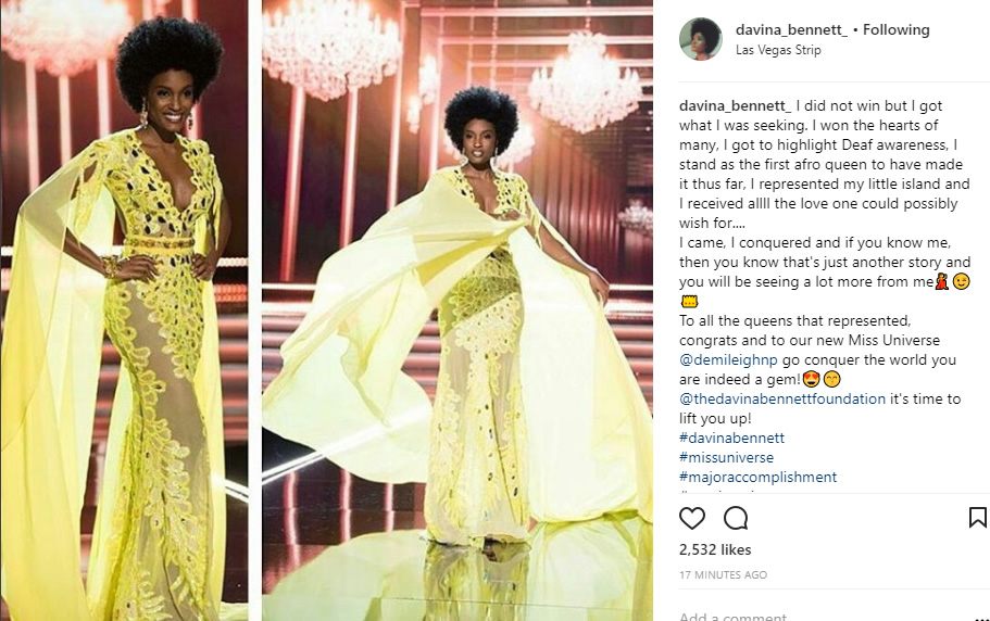 Miss Jamaica, Davina Bennet, became the first AFRO Queen to have made to Miss Universe Top3