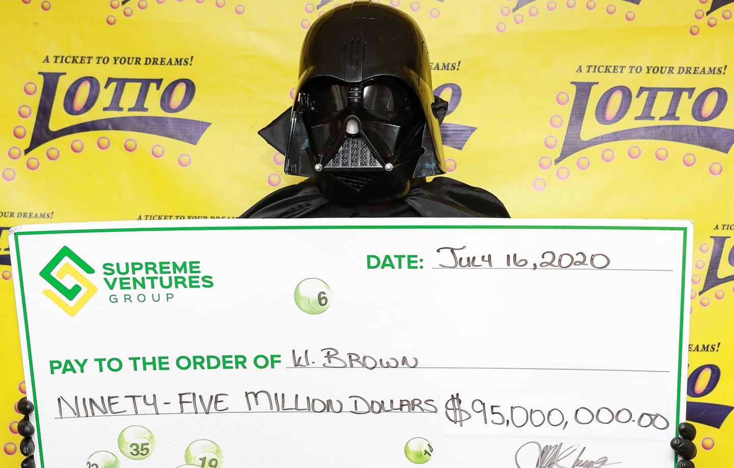 Jamaican lottery winner claimed his $95m prize dressed as Darth Vader